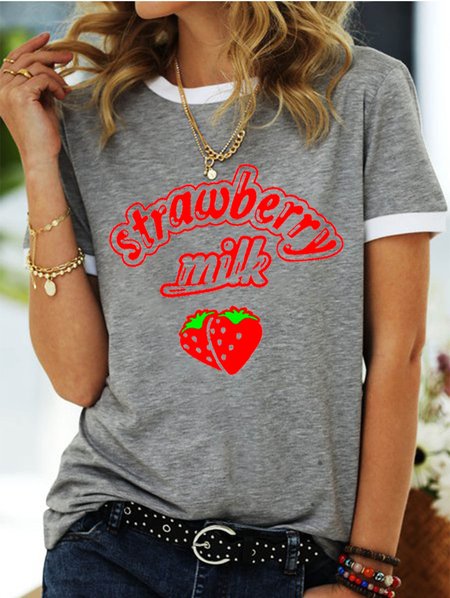 

Pink Strawberry Milk Round neck T-shirt, Gray, T-shirts
