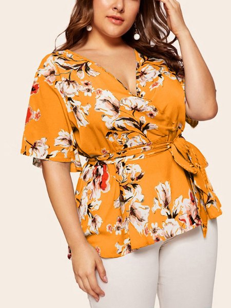 

Casual Short Sleeve Floral V Neck Tops, Yellow, Tops