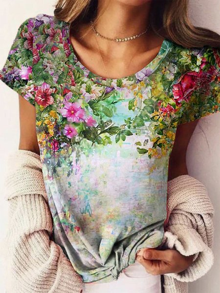 Floreale Maniche Corte Dolce Camicie & Top, Verde, Tops