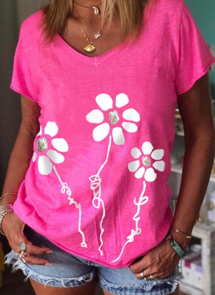 

Vintage Crew Neck Short Sleeve Floral Shirts & Tops, Pink, Printed T-shirts