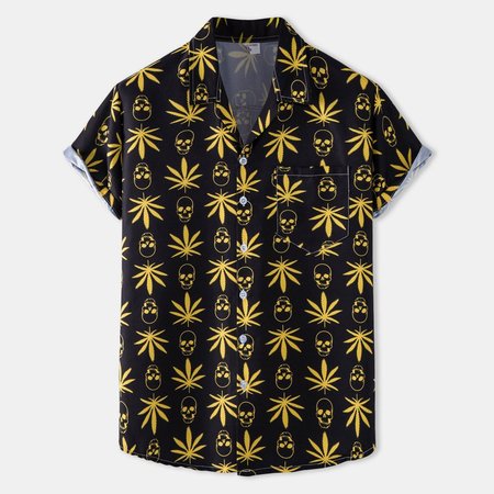 

2021 ethnic retro striped Hawaiian shirt, Black, Short Sleeves Shirts