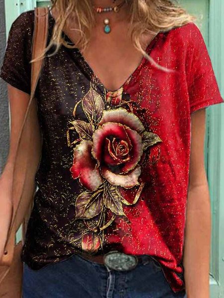 

Maniche Corte Casuale Scollo a V Camicie & Top, Rosso, Blouses & Shirts