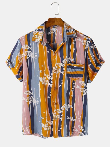 

Mens Colorful Stripe Print Button Up Holiday Short Sleeve Shirts, Yellow, Short Sleeves Shirts