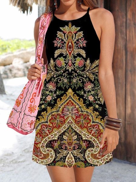 

Vintage Bohemian Vacanza Casuale Bretelline sottili Abito, Nero, Mini Dresses