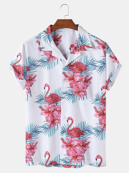 

Men's Shirt Collar Casual Flamingo Shirts, White, Shirts