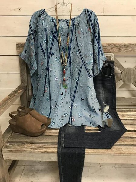 

Geometric Short Sleeve Printed Polyester Crew Neck Vintage Summer Blue Top, Blouses & Shirts