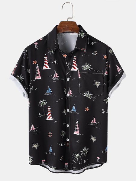 

Mens All Over Cartoon Sailboat Print Pocket Short Sleeve Shirt, Black, Short Sleeves Shirts