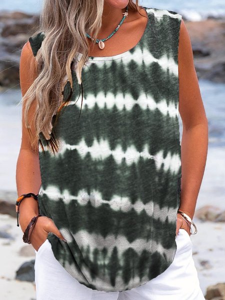 

Casual Sleeveless Tie-Dyed Basic Activewear Loungewear T-shirt, Black, Tops