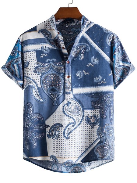 

Men's Stand Collar Tribal Printed Shirts, Navy blue, Short Sleeves Shirts