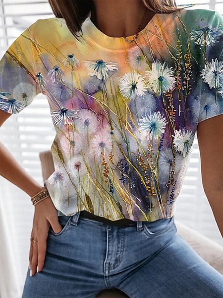 

Floral Crew Neck Floral-Print Short Sleeve T-shirt, Violet, T-Shirts