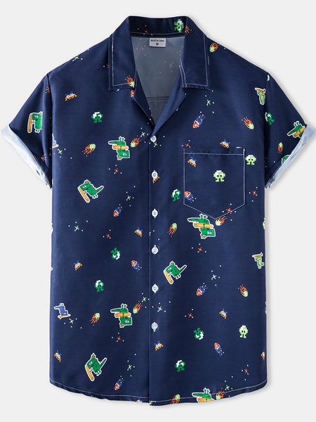 Men's Cartoon Shirt Collar Shirts, Blue, Short Sleeves Shirts