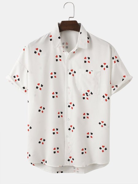 

Mens Poker Element Print Button Up Street Short Sleeve Shirts, White, Short Sleeves Shirts