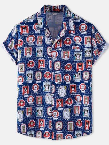 

Men's Printed Leaves Basic Shirts, Blue, Short Sleeves Shirts