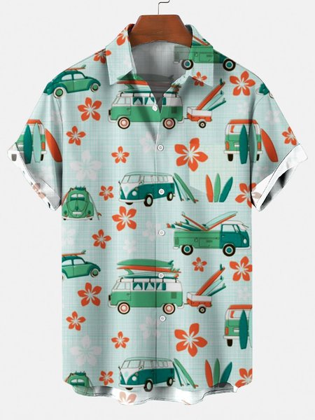 Men's 50's New Style Scattered Campers Short Sleeve Casual Loose Shirt, Blue, Men's Floral shirt