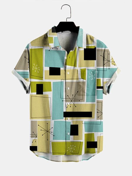 

Mens Graphic Print Pocket Lapel Casual Loose Short Sleeve Hawaiian Shirt, Green, Men's Floral shirt