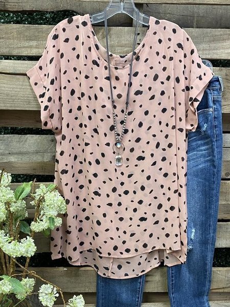 

Vintage a Pois Stampato Maniche Corte Girocollo Casuale Top, Rosa, Tops
