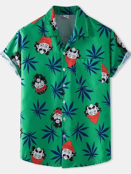 Men's Printed Shirt Collar Basic Shirts, Green, Short Sleeves Shirts