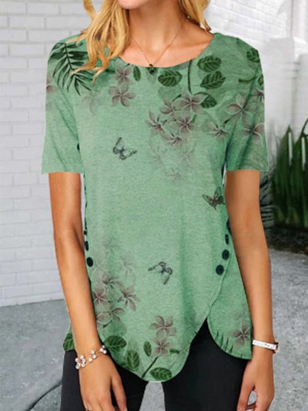 

Floreale Maniche Corte Stampato Misto Cotone Girocollo Vintage Estate verde Superiore, Blouses & Shirts