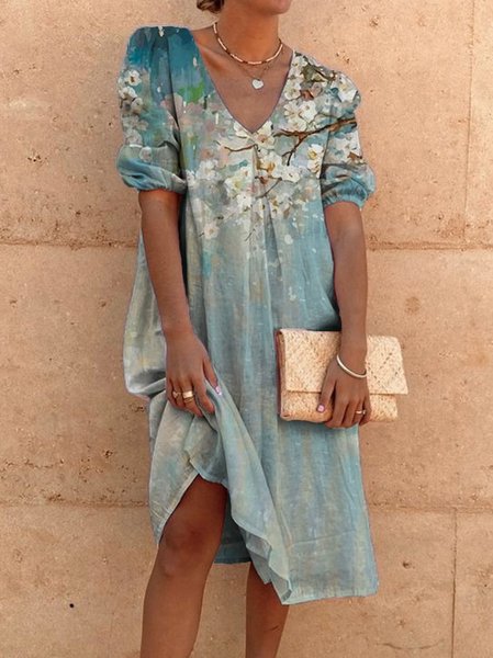 

taglia grande Vintage Bohemian Vacanza Casuale Floreale Mezza Manica Abito, Blu, Dresses
