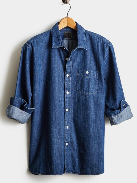 

Denim Shirt Collar Casual Solid Shirts, Blue, Men's basic shirt