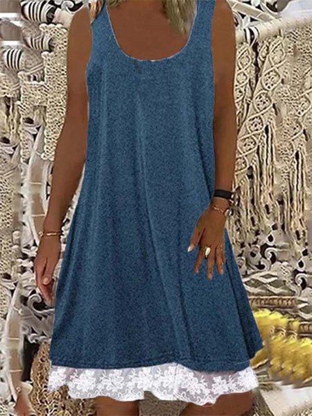 

Girocollo Misto Cotone senza maniche Solido Abito, Blu, Dresses