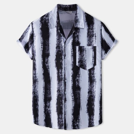 

Men's Stripe National Style Short Sleeve Casual Loose Shirt, Black, Short Sleeves Shirts