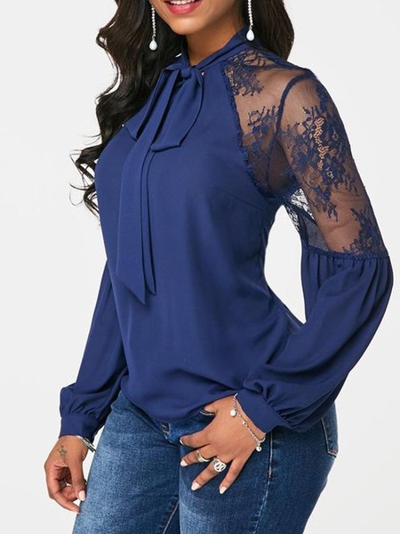 

Solid For Work Elegant Lady Long Sleeve Top, Dark blue, Blouses and Shirts