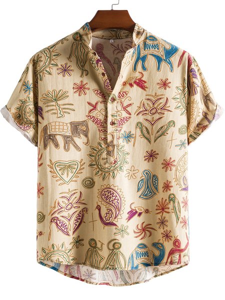 

Men's Tribal Stand Collar Linen Shirts, Beige, Shirts