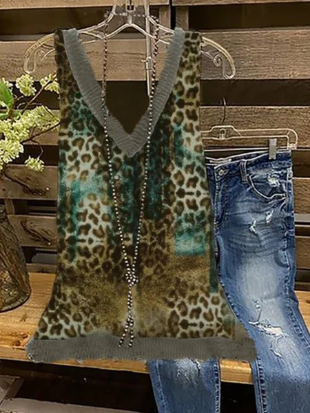 

Plus Size V Neck Sleeveless Floral Cotton-Blend T-shirt, Multicolor, Tank Top