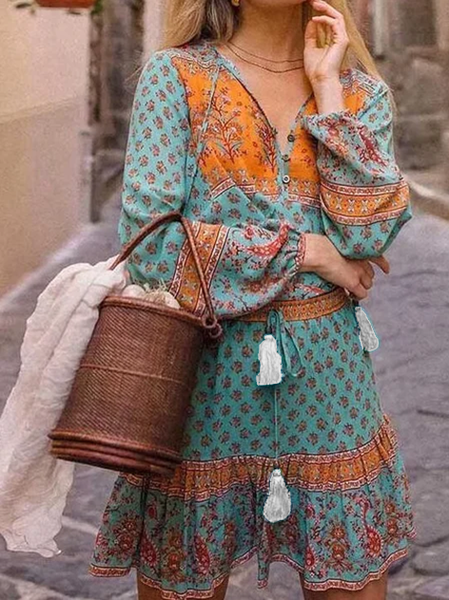 Abito Maniche Lunghe Scollo a V Misto Cotone, Verde, Midi Dresses
