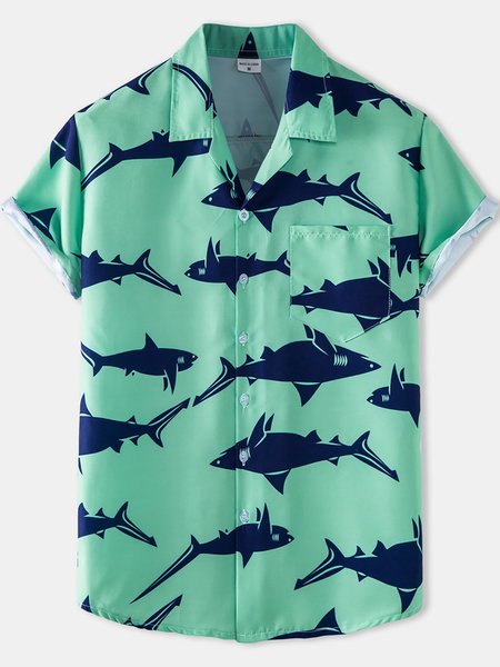 

Men's Printed Basic Fish Shirts, Green, Short Sleeves Shirts