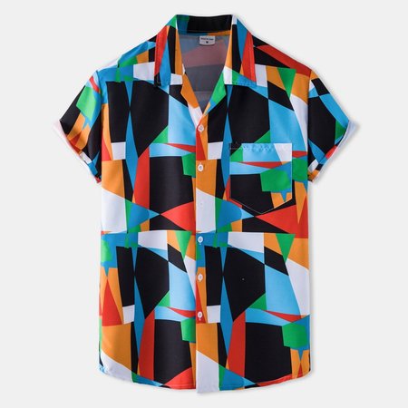 2021 ethnic retro striped Hawaiian shirt, Blue, Short Sleeves Shirts