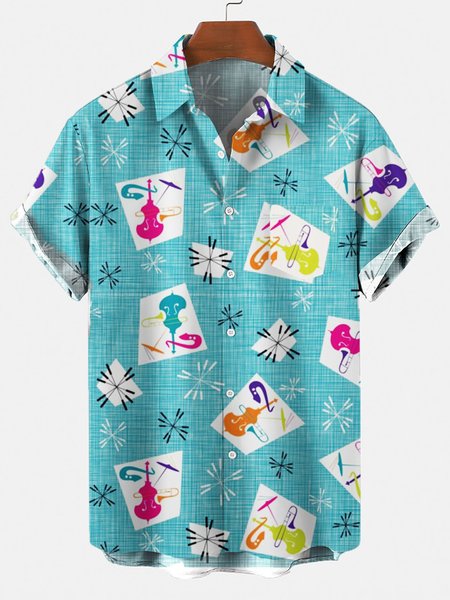 

Men's 50's Guitar music Short Sleeve Casual Loose Shirt, Blue, Men's Floral shirt