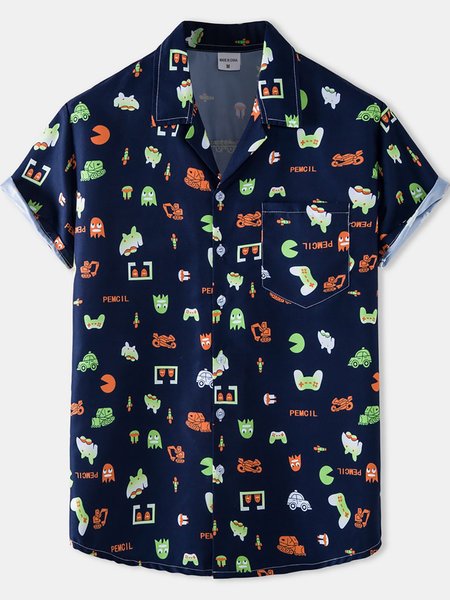 

Men's Vintage Printed Shirt Collar Shirts, Black, Short Sleeves Shirts