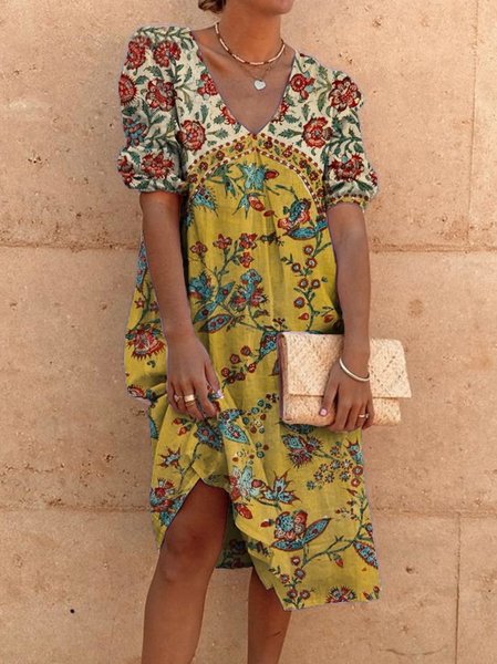 

Plus Size Vintage Boho Holiday Casual Half Sleeve Shift Casual Dresses, Yellow, Floral Dresses