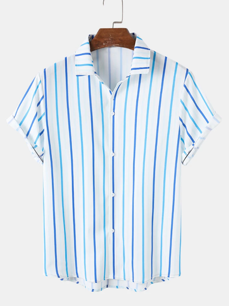 

Striped Shirt Collar Shirts & Tops, Blue, Short Sleeves Shirts