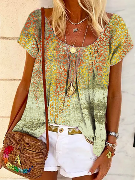 

taglia grande Maniche Corte Stampato Top, Giallo, Blouses & Shirts