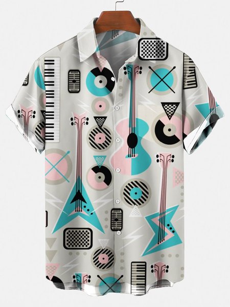 

Men's 50's New Style Guitar Short Sleeve Casual Loose Shirt, Gray, Men's Floral shirt
