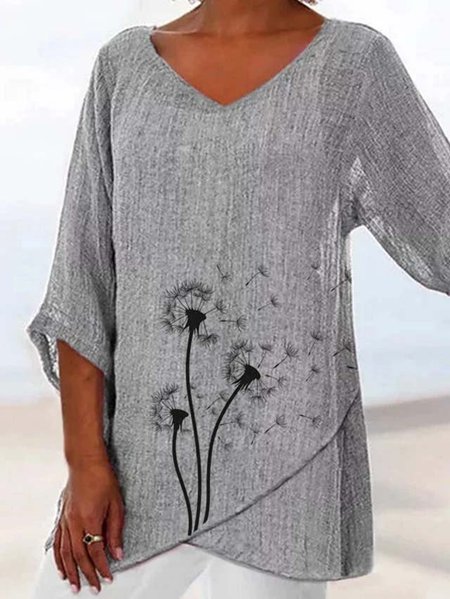 

Women Loose Linen V Neck Asymmetric Hem Floral Print Short Sleeve Tunic Top, Gray, Tunics