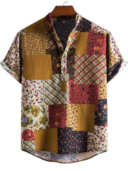 

Men's Basic Tribal Printed Shirts, Yellow, Short Sleeves Shirts