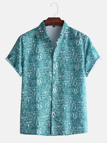 

Mens New Loose Cartoon Animal Print Short Sleeve Casual Shirts, Light blue, Short Sleeves Shirts