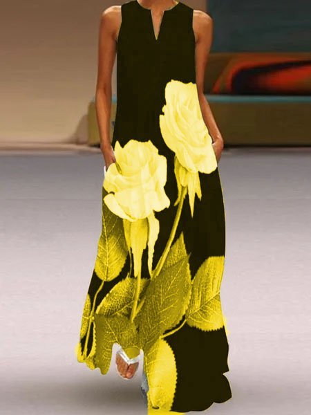 Floreale senza maniche Gonna Casuale, Giallo, Dresses