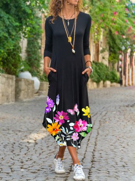 

Vintage Bohemian Vacanza Floreale Casuale Girocollo Vacanza Abito, Nero, Dresses