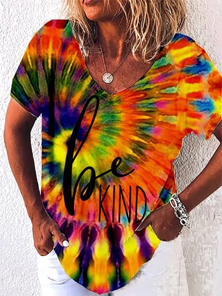 

Be Kind Tie-Dye Short Sleeve V-Neck Casual T-Shirts, As picture, T-Shirts