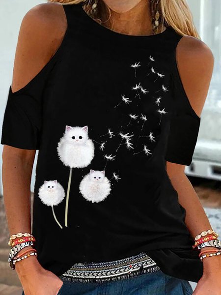 

Cold Shoulder Animal Printed Round Neck Casual T-Shirts, Black, T-Shirts