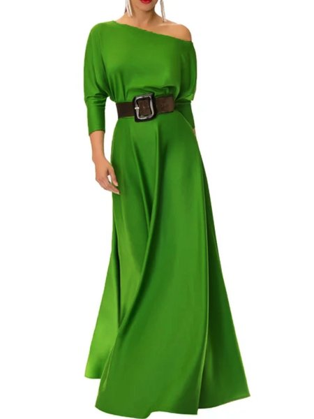 

3/4 Manica Tinta Unita Una Spalla Cocktail Maxi Abito, Green, Dresses