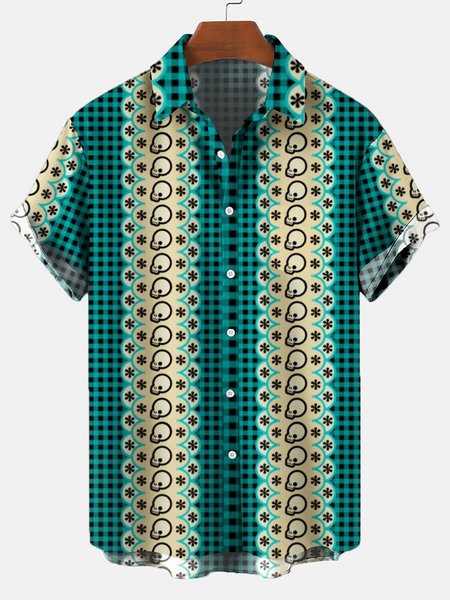 Men's 50's New Style Short Sleeve Casual Loose Shirt, Green, Men's Floral shirt
