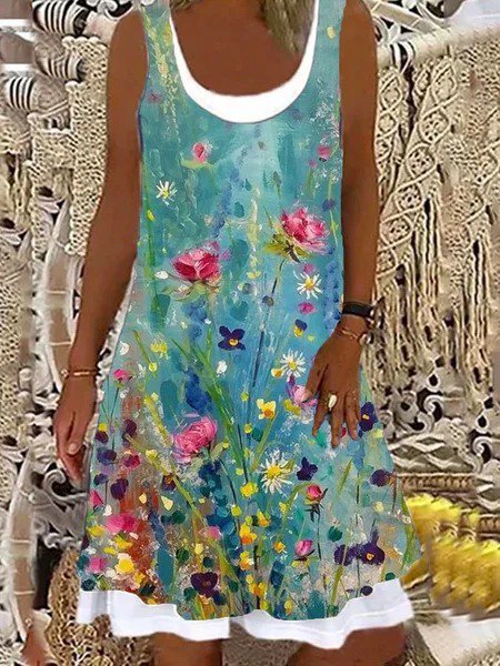 

Cotone Casuale Floreale Maniche Corte Abito, Azzurro, Dresses