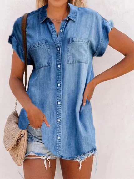 

Short Sleeve Shirt Collar Blouse, Blue, Blouses & Shirts