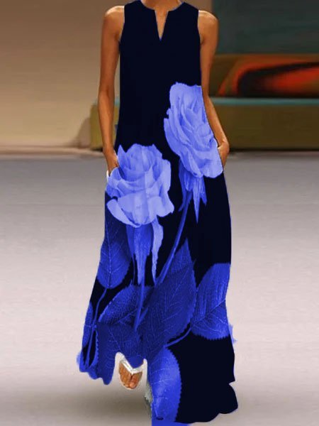 

Floreale senza maniche Gonna Casuale, Blu, Dresses